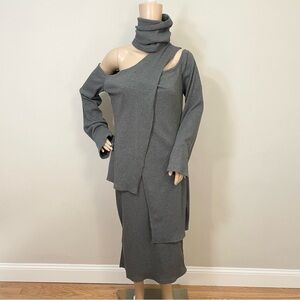 2 Piece Gray Off The Shoulder Turtle Neck Long Sleeve Sweater Dress